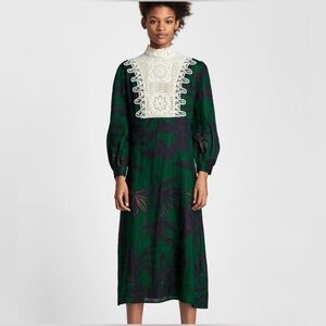 ZARA Women’s Green 100% Linen Midi Dress Long Sleeve Floral Crochet Size L